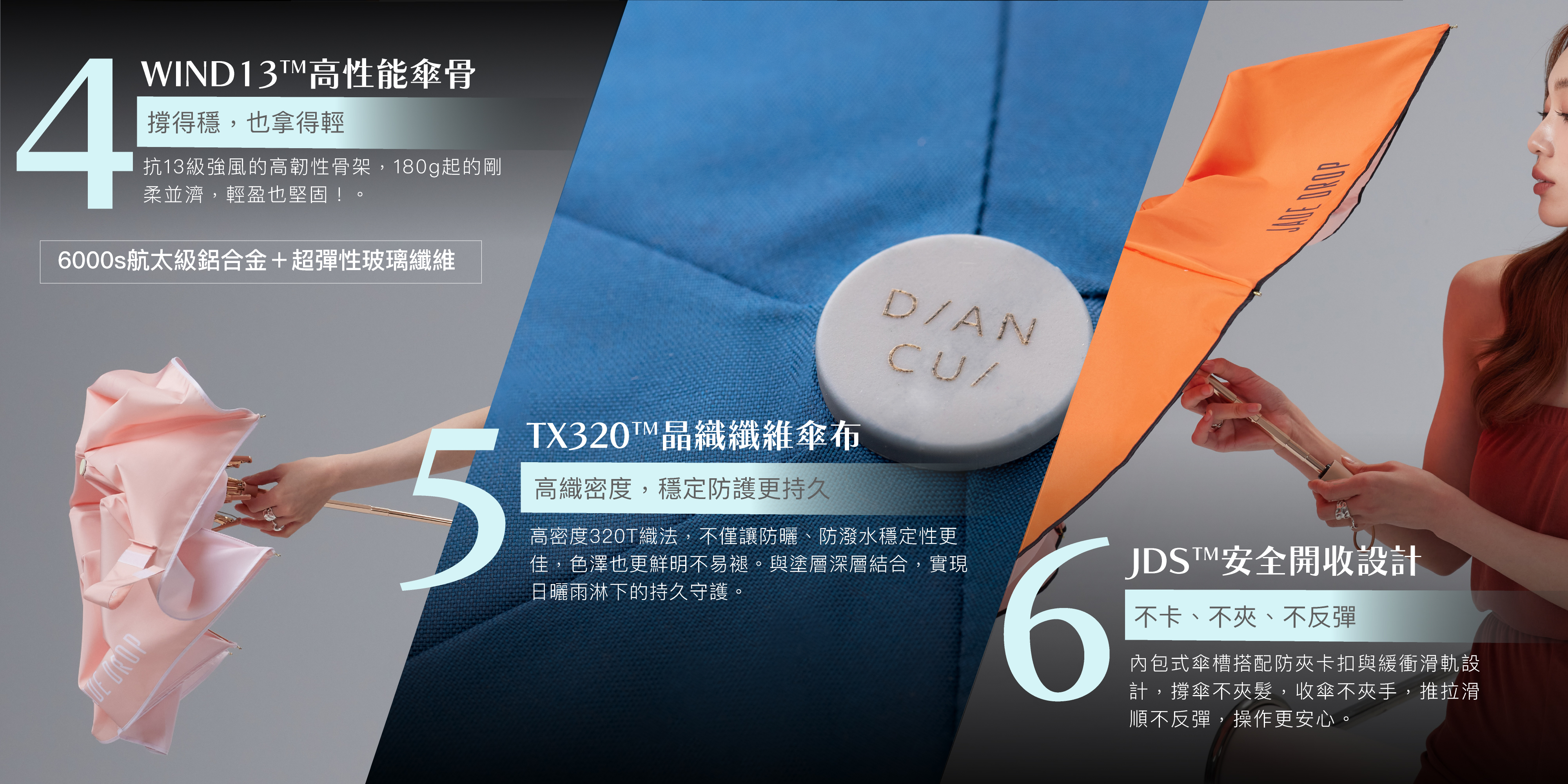 JADE DROP 專利抗風傘骨結構,320T TX320 晶織纖維傘布,JDS 防回彈設計。