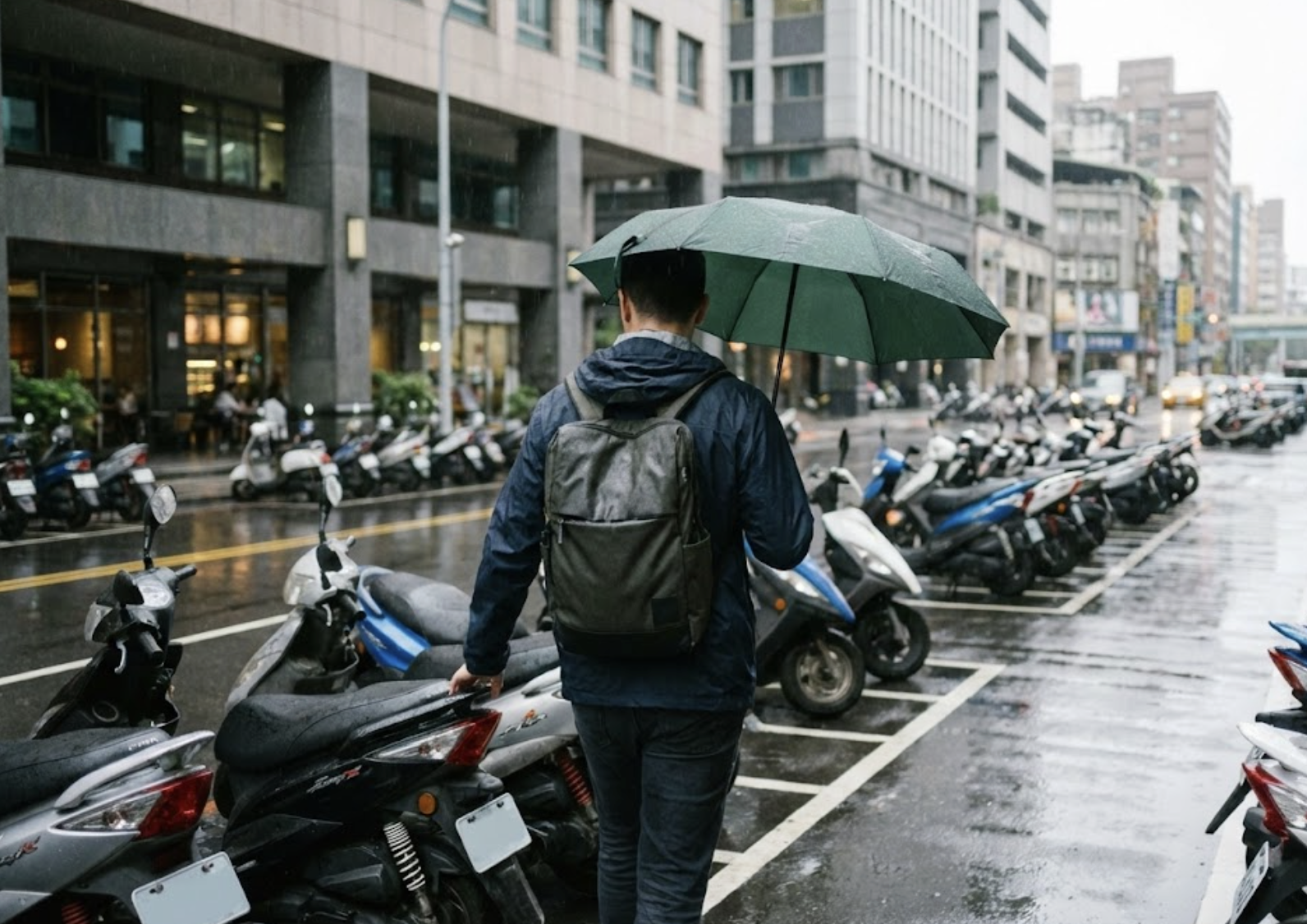 雨天把機車停好後,撐著折疊傘走向辦公室與咖啡店的通勤族