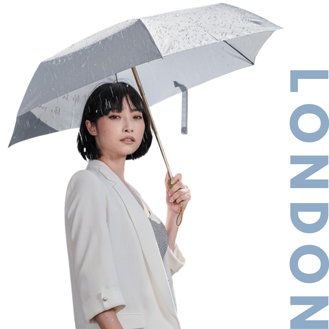 JADE DROP 美膚傘 London Rain 超輕量防回彈自動晴雨傘 款式:泰戈爾灰 Tagore Grey|女模特撐傘白底情境圖