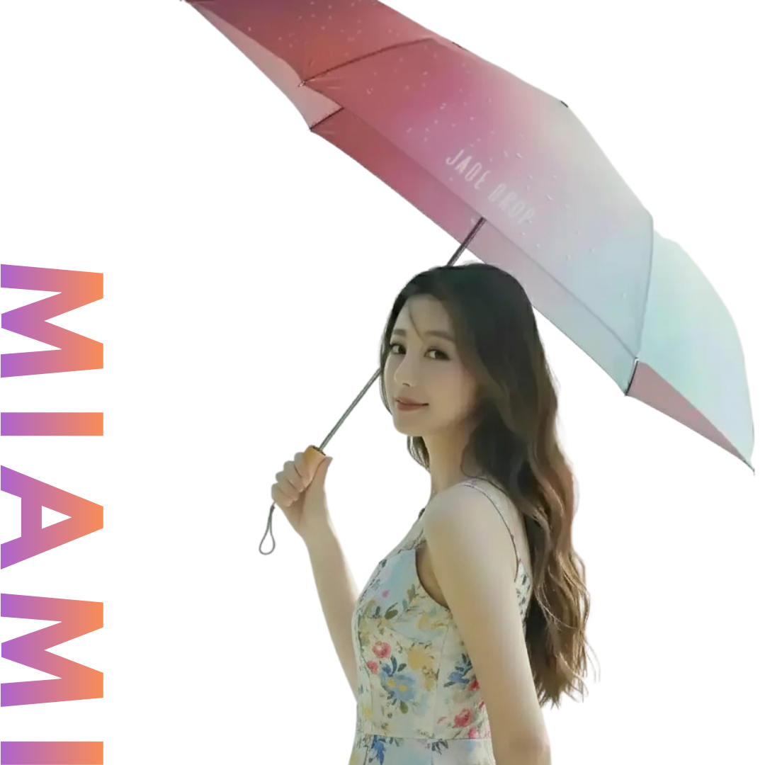 JADE DROP 美膚傘 Miami系列 防回彈自動晴雨傘 款式:佛朗明哥(粉紅漸層) 商品主圖|女模特撐著傘白底形象圖