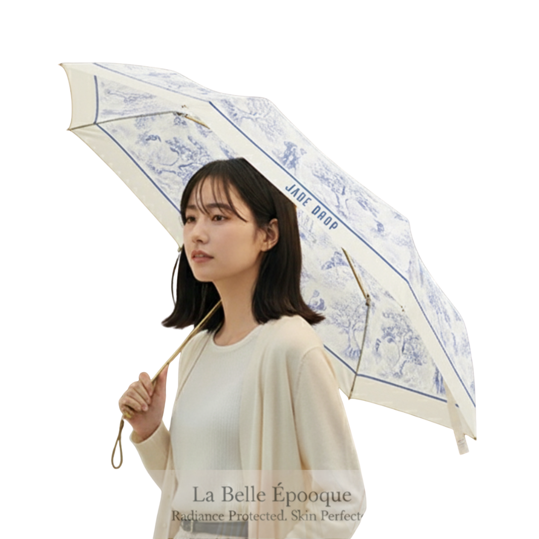 JADE DROP 美膚傘 La belle époque 防回彈自動摺疊傘|款式: La belle époque 白晝款 女模特撐傘情境白底圖